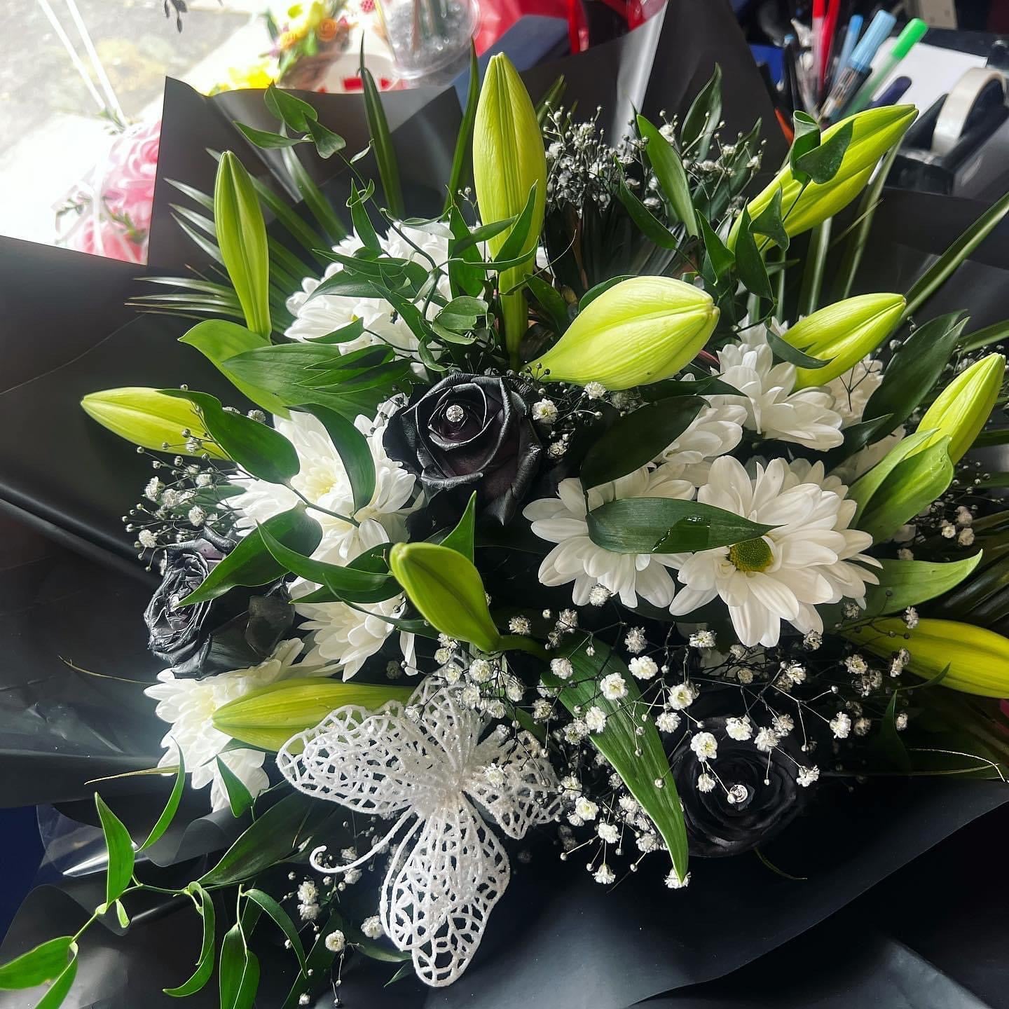 Mixed Fresh Flower Bouquet - Black and White Flowers