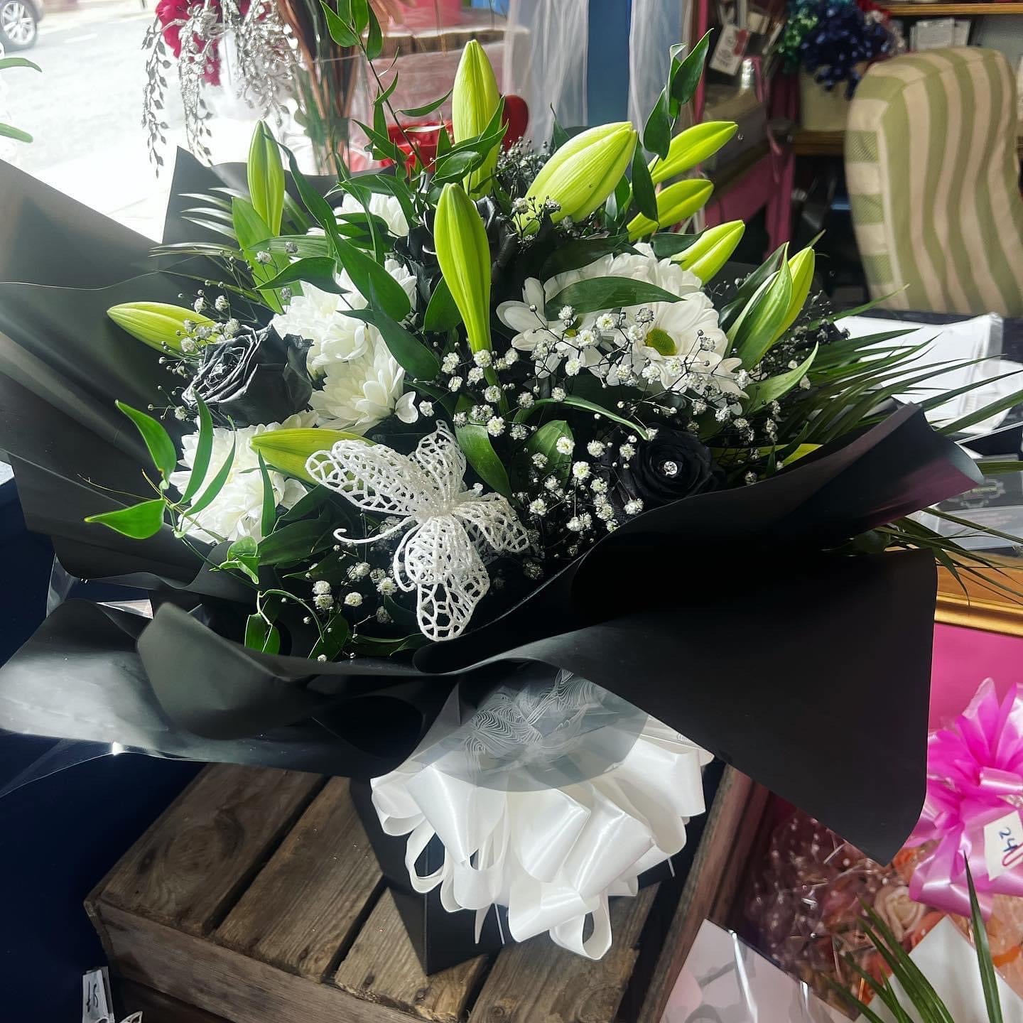 Mixed Fresh Flower Bouquet - Black and White Flowers