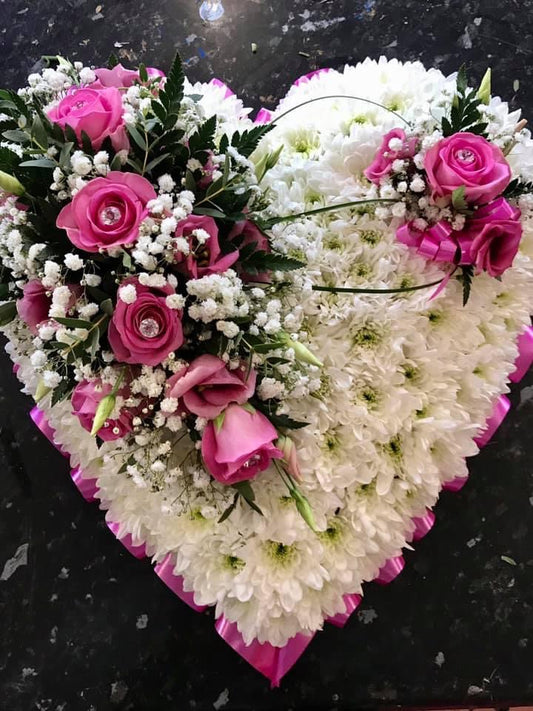 White Heart Shaped Flowers Arrangement - With/Without Ribbon